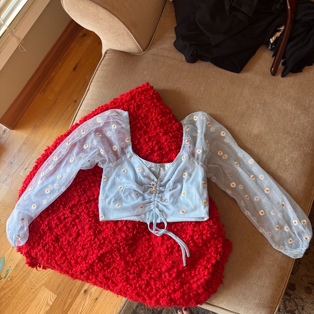 Le Lis Light Blue Crop Top with Floral Embroidery